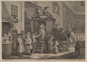 Dyliżans, czyli Country Inn Yard, 1747. autorstwa William Hogarth