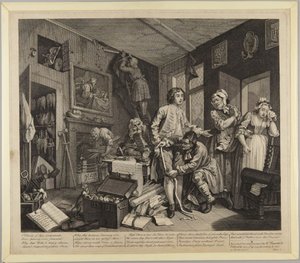 Młody dziedzic obejmuje posiadłość, tablica 1 z cyklu Kariera rozpustnika autorstwa William Hogarth
