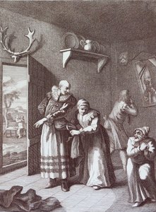 Wikary i fryzjer przebierają się, by zabrać Don Kichota autorstwa William Hogarth