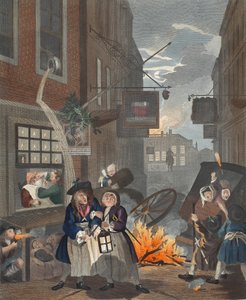 Pory dnia, noc, ilustracja z „Hogarth Restored: Całe dzieła sławnego Williama Hogartha, ponownie grawerowane przez Thomasa Cooka”, wyd. 1812 (grawerowanie ręcznie kolorowane) autorstwa William Hogarth