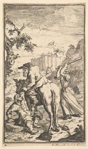 Trulla atakuje Hudibras Siedemnaście małych ilustracji dla Samuela Butlersa Hudibras..., 1721-26. autorstwa William Hogarth
