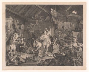 Przebrane aktorki i dzieci w stodole Przechadzające się aktorki przebierają się w stodole autorstwa William Hogarth