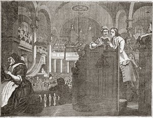 pracowity „Prentice pełniący obowiązki chrześcijanina”, z serii „Przemysł i bezczynność””, październik 1747 – Tabliczka z serii 12 rycin Williama Hogartha (1697-1764), brytyjskiego ilustratora, zatytułowana „Przemysł i bezczynność” ”, „Zele a autorstwa William Hogarth