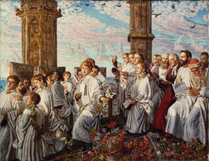 Majowy poranek w Magdalen College w Oksfordzie, starożytna doroczna ceremonia autorstwa William Holman Hunt