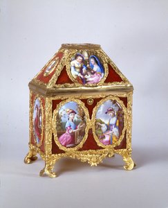 Szkatułka Jerzego III zawierająca zegarek z krawędzią w stylu Jamesa Coxa, ok. 1770 (metal złocony, emalia i verre-eglomise) (patrz także 741846) autorstwa William Hopkins Craft