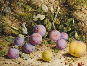 Martwa natura ze śliwkami, brzoskwinią i owocami dzikiej róży, autorstwa William Hough