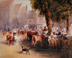 Wczesny poranek na wiejskim targu bydła (akwarela na papierze) autorstwa William Hunt