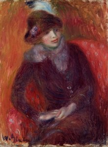 Siedząca kobieta z futrzanym kołnierzem i czerwonym tłem autorstwa William James Glackens