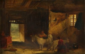 Walijskie wnętrze z dziewczyną dojącą kozę (olej na panelu) autorstwa William James Muller