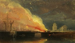 Zamieszki w Bristolu: Podpalenie rogatek na Prince Street Bridge z St Mary Redcliffe autorstwa William James Muller