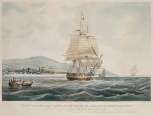 Statek Kompanii Wschodnioindyjskiej „William Fairlie” dowodzony przez kapitana Thomasa Blaira opuszcza port Wyspy Księcia Walii autorstwa William John (after) Huggins