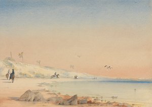 Gambia - piaszczysta zatoka z postaciami spacerującymi i jadącymi na Cape St. Mary autorstwa William John Chamberlayne