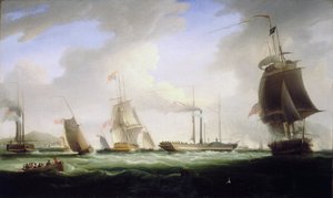 Król Anglii Jerzy IV (1762-1830) wsiadł na pokład "Lightning", pierwszego parowca pocztowego, płynącego do Dublina (Irlandia), 12 sierpnia. autorstwa William John Huggins