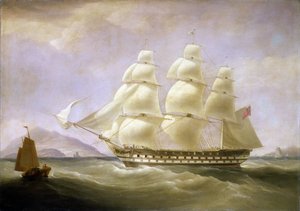 Indyjska łódź "Triton" u wybrzeży Chin, z widoczną małą lokalną łodzią. Olej na płótnie autorstwa William John Huggins