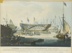 Wodowanie statku "Edinburgh" należącego do Kompanii Wschodnioindyjskiej ze stoczni Messrs Wigrams  Green Blackwall z widokiem na statek "Abercrombie Robinson" na nabrzeżu. autorstwa William John Huggins