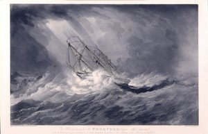 Statek "Woodford" (zbudowany w 1819 r. w Bristolu, Anglia), właściciel i kapitan Alfred Chapman, w 1824 r., w drodze między Madrasem (Indie) a Anglią, złapany przez sztorm. autorstwa William John Huggins
