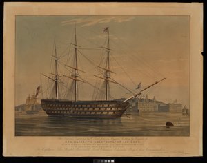 Ta narodowa rycina autorstwa W Read z oryginalnego obrazu Hugginsa, przedstawiająca okręt Jej Królewskiej Mości Howe ze 120 działami, z widokiem na szpital Greenwich i obserwatorium... autorstwa William John Huggins
