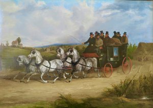 Dyliżans z Londynu do Brighton ciągnięty przez zaprzęg siwych koni (olej na płótnie) autorstwa William Joseph Shayer