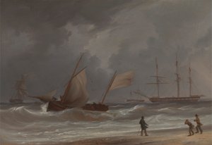 Lugger jadący na brzeg podczas wichury