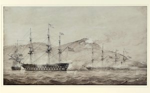 Statki HMS "Wellesley", "Columbine" i "Grisel" u wybrzeży Amoy (Chiny) w 1841 r. Lavis