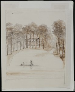 Ptaszarnia w Chiswick; basen z parą w łódce, kobieta łowiąca ryby (pióro i brąz przemyj ołówkiem na papierze) autorstwa William Kent