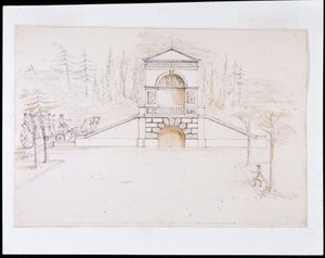 Chiswick, projekt kaskady frontonowej połączonej z mostem drogowym na końcu kanału (pióro i atrament oraz pranie na papierze) autorstwa William Kent