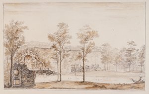 Chiswick, zaprojektuj rustykalną kaskadę i most na tle tarasu (pióro i atrament oraz przemyj ołówkiem na papierze) autorstwa William Kent