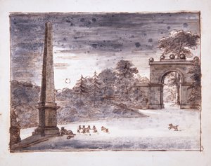 Chiswick, Burlington Lane Gate i obelisk w świetle księżyca z Kentem siedzącym przy śniącym obelisku i bawiącymi się królikami, ok. 1732 (pióro i atrament oraz pranie na papierze) autorstwa William Kent