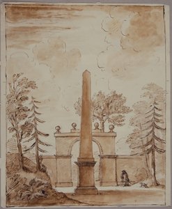 Chiswick, widok na Burlington Lane Gate, na pierwszym planie Obelisk i Kent z psem (pióro i atrament oraz pranie na papierze) autorstwa William Kent