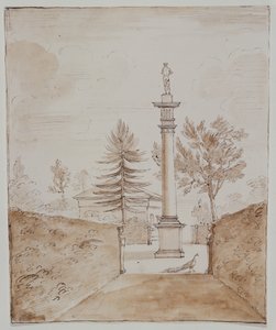 Chiswick, widok na kolumnę dorycką z posągiem Wenus z Medyceuszy i spojrzenie na bok domu jelenia (pióro i atrament na papierze)