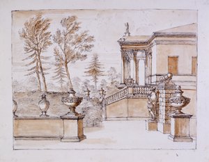 Chiswick, widok willi od strony posągu Inigo Jonesa (pióro i atrament oraz przemycie ołówkiem na papierze) autorstwa William Kent