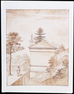 Chiswick, widok z boku Domu Jelenia wzięty z wewnętrznego nasypu ha-ha zagrody dla jeleni oraz z przebłyskiem Kolumny Doryckiej (pióro i pranie na papierze) autorstwa William Kent