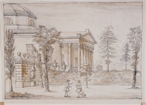 Chiswick, widok willi od strony posągu Palladio (pióro i atrament oraz przemycie ołówkiem na papierze) autorstwa William Kent