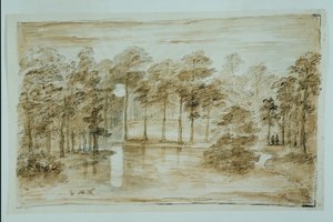 Projekt dla leśnego ogrodu wodnego, widziany w świetle księżyca (pióro i atrament oraz przemyj ołówkiem na papierze) autorstwa William Kent