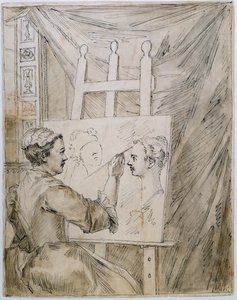 Lady Burlington przy sztalugach w swoim pokoju w ogrodzie (pióro, atrament i ołówek na papierze) autorstwa William Kent