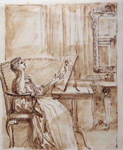 Lady Burlington siedząca w swoim pokoju ogrodowym i podziwiająca rysunek starego mistrza (?) (pióro i atrament na papierze) autorstwa William Kent