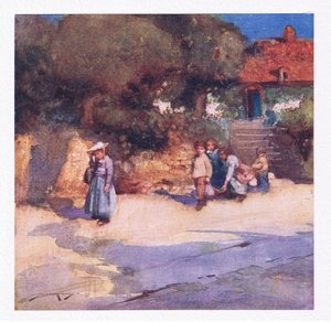 Rozbawione dzieci właśnie wypuściły się ze szkoły (litografia kolorowa) autorstwa William Lee Hankey