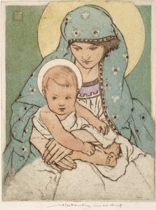 Maryja Panna z Dzieciątkiem Chrystus (ręcznie kolorowana sucha igła) autorstwa William Lee Hankey