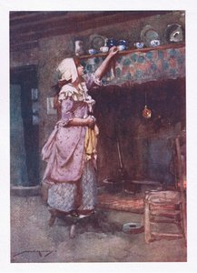 Podczas gdy potłuczone filiżanki do herbaty, mądrze trzymane na pokaz, wisiały nad kominem, błyszczały w rzędzie (litografia kolorowa) autorstwa William Lee Hankey