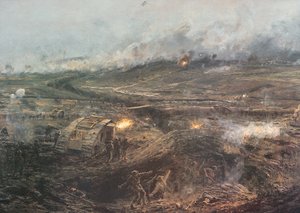„Świt, 20 listopada 1917” – brytyjskie czołgi wjeżdżają do akcji w Cambrai we Francji autorstwa William Lionel (after) Wyllie