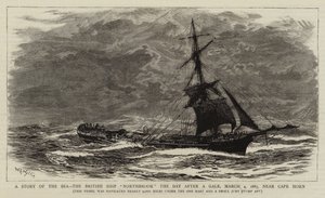 Opowieść o morzu, brytyjski statek Northbrook dzień po wichrze, 4 marca 1885, w pobliżu przylądka Horn autorstwa William Lionel Wyllie