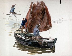 Mężczyzna i chłopiec na pokładzie małej żaglówki. Akwarela autorstwa William Lionel Wyllie