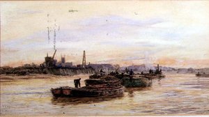 Barki o zachodzie słońca (akwarela) autorstwa William Lionel Wyllie