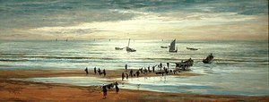 Scena na plaży na północnym wybrzeżu Francji (olej na płótnie) autorstwa William Lionel Wyllie