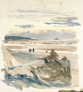 Postacie na plaży, prawdopodobnie w Amble (Francja), z sylwetką fortu Vauban w świetle zmierzchu autorstwa William Lionel Wyllie