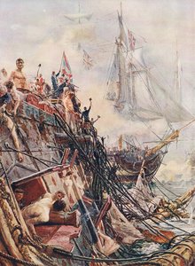 Okaleczony, ale niepokonany: Belleisle pod Trafalgarem 21 października 1805 r., ilustracja z "British Battles on Land and Sea", wydanej przez Cassell, Londyn, ok. 1910 r.