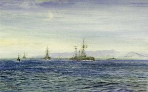 HMS "Albemarle", w Firth of Moray (Szkocja), trójkątnym wejściu do Morza Północnego, ten okręt wojenny służył podczas I wojny światowej jako łódź patrolowa dla Floty Kanału La Manche, a następnie służył jako lodołamacz, aby pomóc Archangelowi w 1916 r. autorstwa William Lionel Wyllie