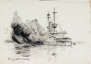 HMS "Canopus" w Port Stanley, wystrzeliwujący salwy otwierające bitwę o Falklandy, 8 grudnia 1914 r. (pióro i tusz, z czarną farbą, na karcie) autorstwa William Lionel Wyllie