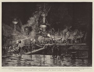 Nadgodziny, ukończenie HMS Magnificent, nocnej sceny w Chatham Dockyard