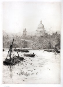Żegluga i mewy pod St Pauls (akwarela) autorstwa William Lionel Wyllie